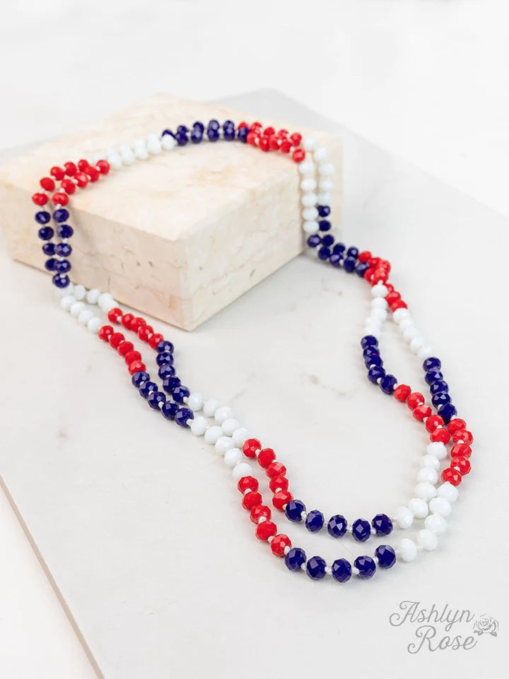 Red white and blue 60” necklace