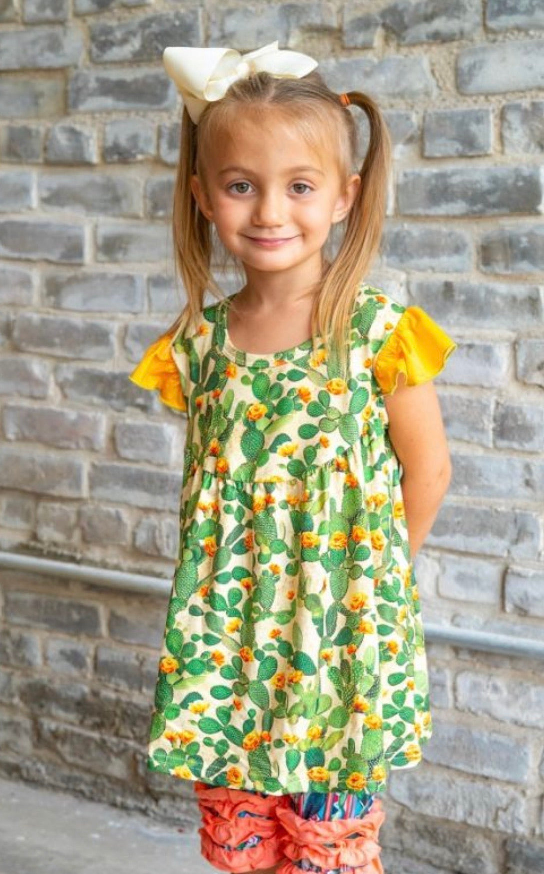 Cactus Toddler Dress with Mustard Sleeves